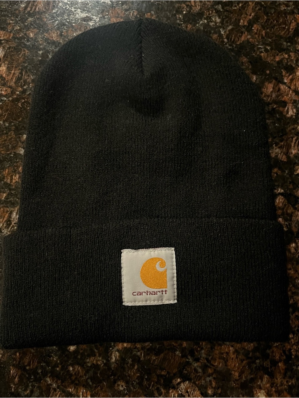 Carhartt Black Knit Beanie Hat Iconic Logo Patch Outdoor Blokecore Workwear EUC